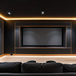 **Prompt 1:** A modern and acoustically optimized home theater with dark, matte grey walls. The walls are subtly adorned with well-placed acoustic absorption panels in matching tones. Smart bias lighting emanates from behind a large projection screen, casting a soft, warm glow that enhances contrast and reduces eye strain. All cables are seamlessly integrated and hidden, creating an impeccably clean and sophisticated environment designed for pristine audio-visual immersion.