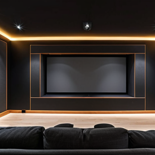 **Prompt 1:** A modern and acoustically optimized home theater with dark, matte grey walls. The walls are subtly adorned with well-placed acoustic absorption panels in matching tones. Smart bias lighting emanates from behind a large projection screen, casting a soft, warm glow that enhances contrast and reduces eye strain. All cables are seamlessly integrated and hidden, creating an impeccably clean and sophisticated environment designed for pristine audio-visual immersion.