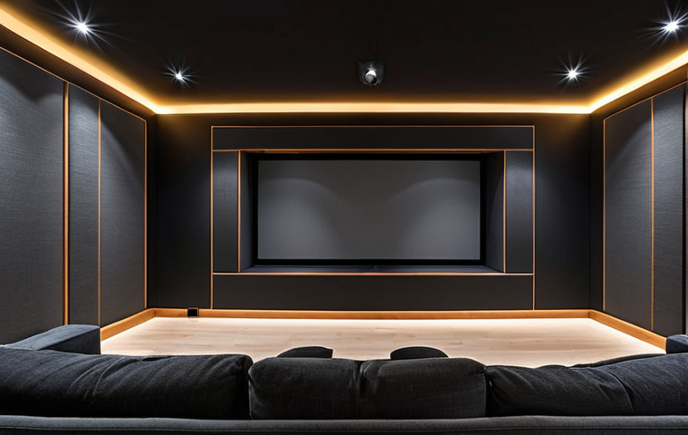 **Prompt 1:** A modern and acoustically optimized home theater with dark, matte grey walls. The walls are subtly adorned with well-placed acoustic absorption panels in matching tones. Smart bias lighting emanates from behind a large projection screen, casting a soft, warm glow that enhances contrast and reduces eye strain. All cables are seamlessly integrated and hidden, creating an impeccably clean and sophisticated environment designed for pristine audio-visual immersion.