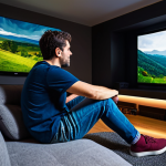 A focused adult individual in a comfortable, modest t-shirt and jeans, sitting on a modern sofa in a dimly lit, inviting living room. A large, high-definition television displays a vibrant, colorful nature scene, with a sleek Dolby Atmos soundbar perfectly positioned underneath. The person's expression conveys deep immersion and awe, seemingly enveloped by dynamic, spatial audio. The room is clean and well-maintained, exuding a professional, high-quality home theater ambiance. Fully clothed, appropriate attire, safe for work, correct proportions, professional photography, cinematic lighting, ultra-high definition, natural body proportions, well-formed hands, proper finger count, family-friendly, appropriate content, perfect anatomy.