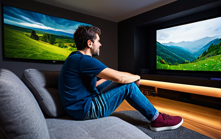 A focused adult individual in a comfortable, modest t-shirt and jeans, sitting on a modern sofa in a dimly lit, inviting living room. A large, high-definition television displays a vibrant, colorful nature scene, with a sleek Dolby Atmos soundbar perfectly positioned underneath. The person's expression conveys deep immersion and awe, seemingly enveloped by dynamic, spatial audio. The room is clean and well-maintained, exuding a professional, high-quality home theater ambiance. Fully clothed, appropriate attire, safe for work, correct proportions, professional photography, cinematic lighting, ultra-high definition, natural body proportions, well-formed hands, proper finger count, family-friendly, appropriate content, perfect anatomy.
