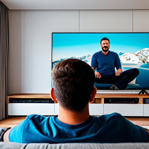 ** A man, fully clothed in casual attire, sitting comfortably in front of a large screen in a cozy, well-lit living room. The screen displays a vibrant movie scene. A modern Home Theater System with sleek speakers surrounds the screen. Appropriate content, safe for work, family-friendly, natural pose, perfect anatomy.

**