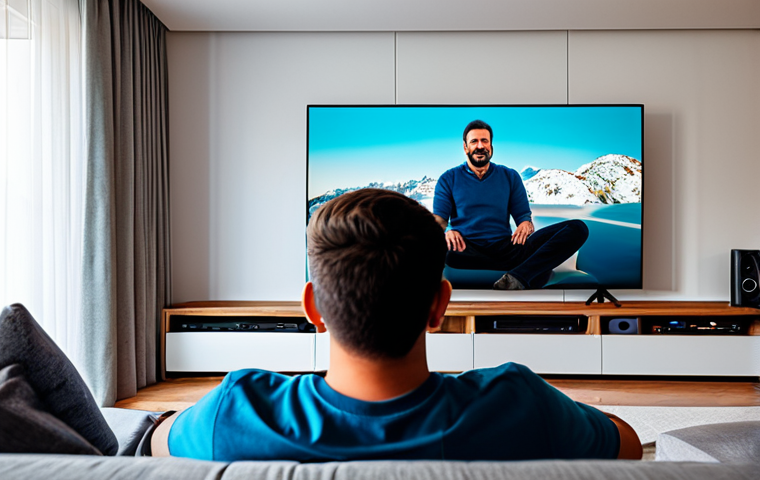 ** A man, fully clothed in casual attire, sitting comfortably in front of a large screen in a cozy, well-lit living room. The screen displays a vibrant movie scene. A modern Home Theater System with sleek speakers surrounds the screen. Appropriate content, safe for work, family-friendly, natural pose, perfect anatomy.

**