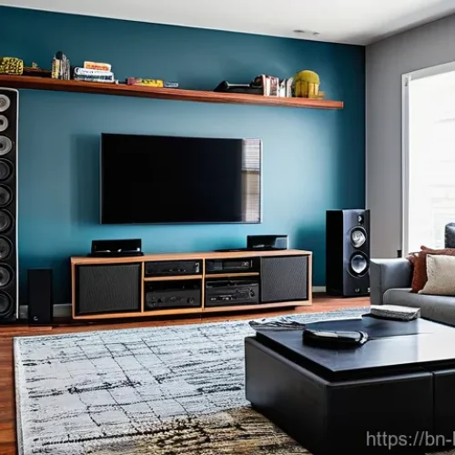 Home 14 유선 vs 무선 서라운드 스피커 - **Image Prompt 1: Wired Clutter vs. Wireless Elegance**
A split image contrasting two living roo...