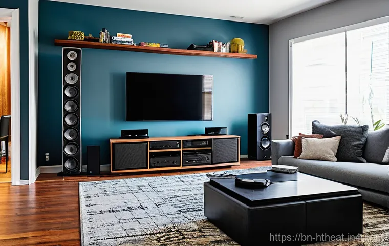 유선 vs 무선 서라운드 스피커 - **Image Prompt 1: Wired Clutter vs. Wireless Elegance**
    A split image contrasting two living roo...