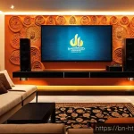 하이파이 스피커 홈시어터 활용 - A modern home theater setup in a cozy living room designed for a Bengali family, featuring a large f...