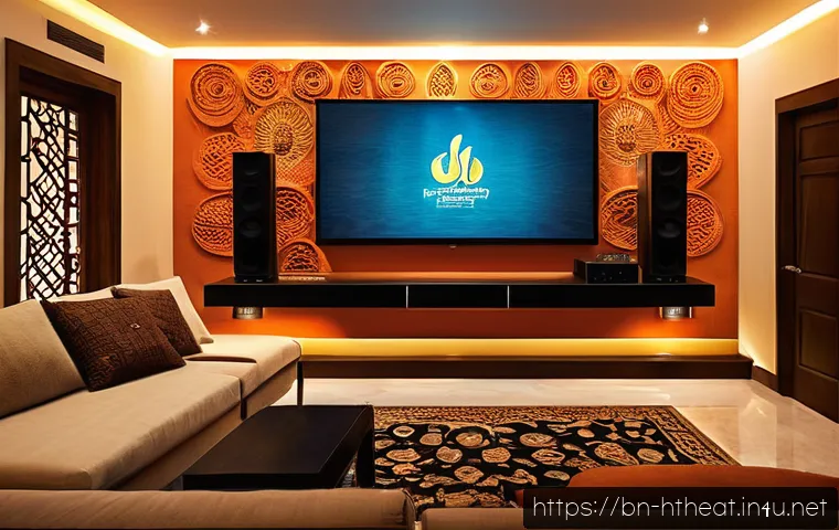 하이파이 스피커 홈시어터 활용 - A modern home theater setup in a cozy living room designed for a Bengali family, featuring a large f...