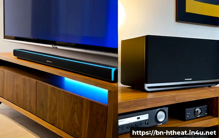 블루투스 스피커 vs 와이어리스 홈시어터 - Photorealistic side-by-side living room comparison, a compact portable Bluetooth speaker on a wooden...