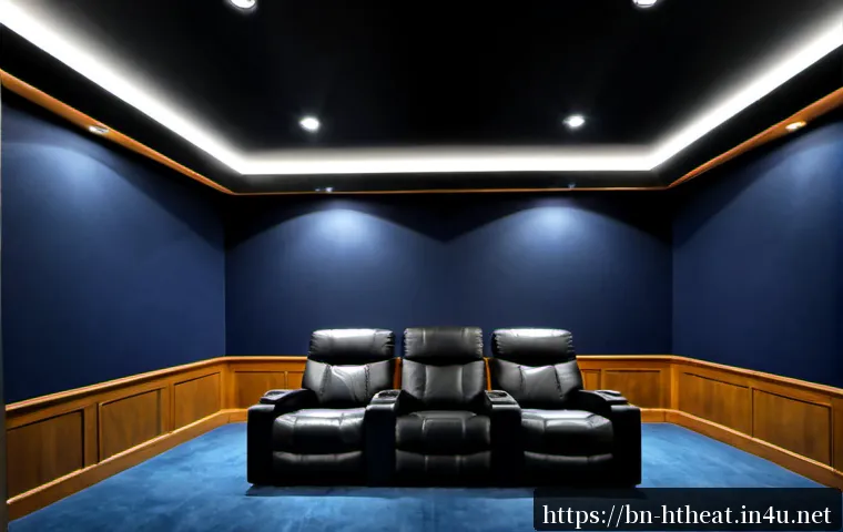 홈시어터 전용 리클라이너 의자 - Photorealistic dedicated home theater room with a single luxurious black leather recliner chair cent...
