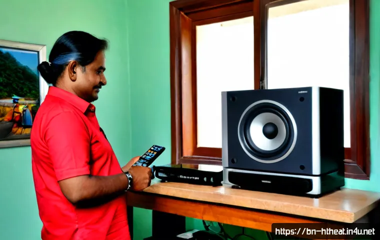 중고 홈시어터 구입 가이드 - Photorealistic home electronics showroom scene in Bangladesh, a middle-aged couple carefully inspect...