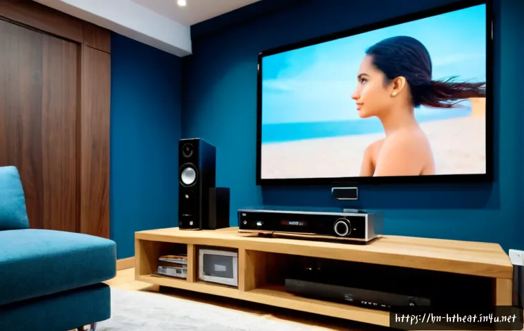 홈시어터 블루레이 플레이어 - Photorealistic modern home theater in a comfortable apartment living room, sleek Blu-ray player on a...