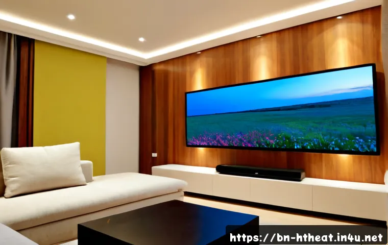 홈시어터 시스템 구축 - Photorealistic modern apartment living room transformed into a home theater, large wall-mounted tele...