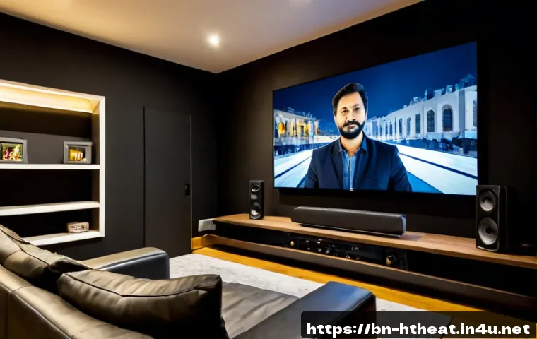 홈시어터 업그레이드 가이드 - Photorealistic modern living room home theater upgrade scene, a large wall-mounted television with a...